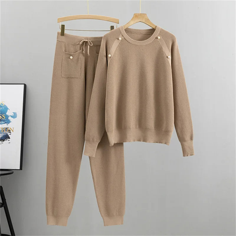 Sylvara | Women’s Pearl-Accented Knit Two-Piece Lounge Set