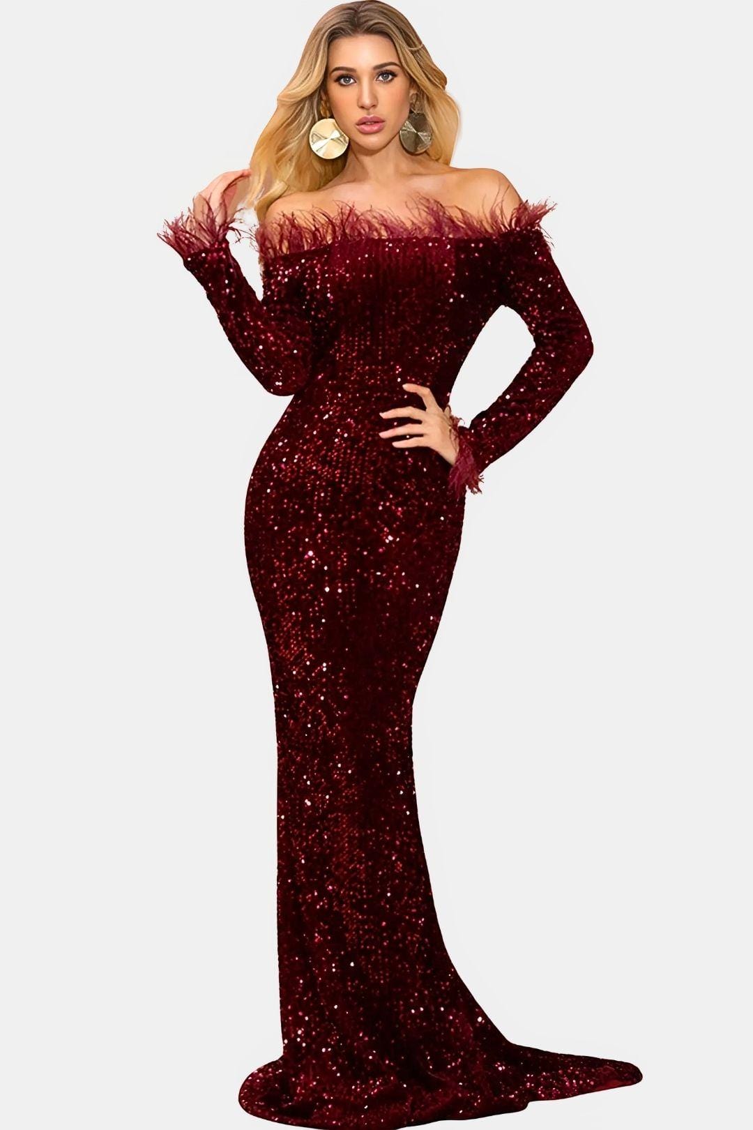 Valerienne | Off-Shoulder Feather Sequin Mermaid Evening Dress