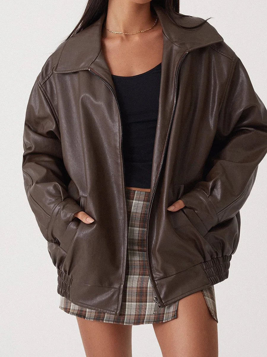 Journee | Women’s Oversized Leather Bomber Jacket