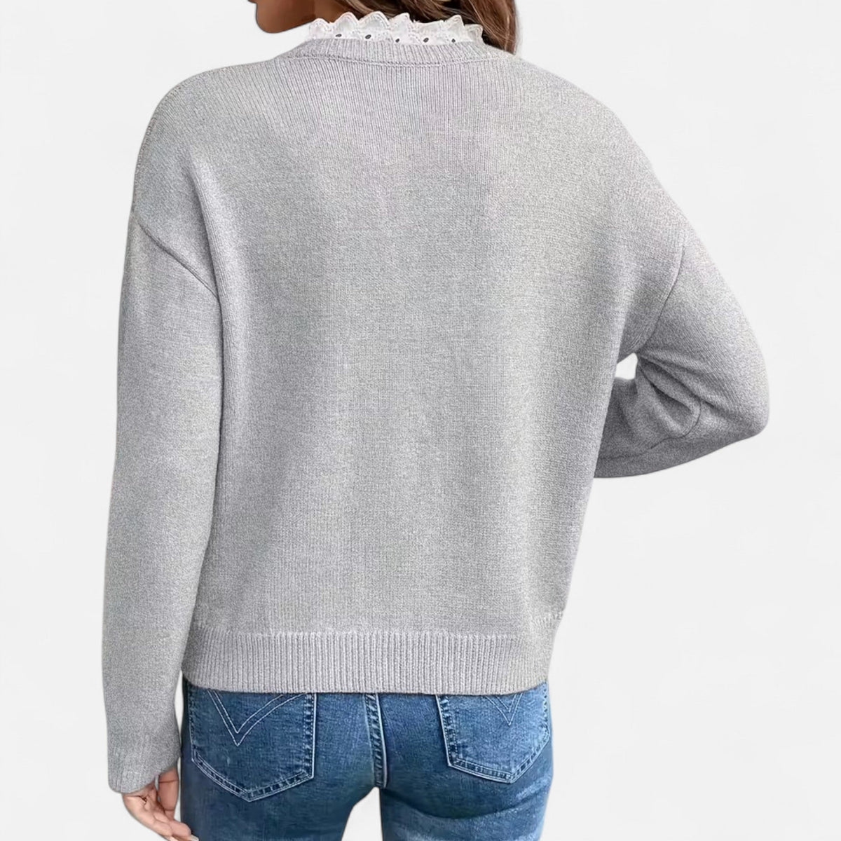 Quenara | Women’s Lace-Trim V-Neck Knit Sweater